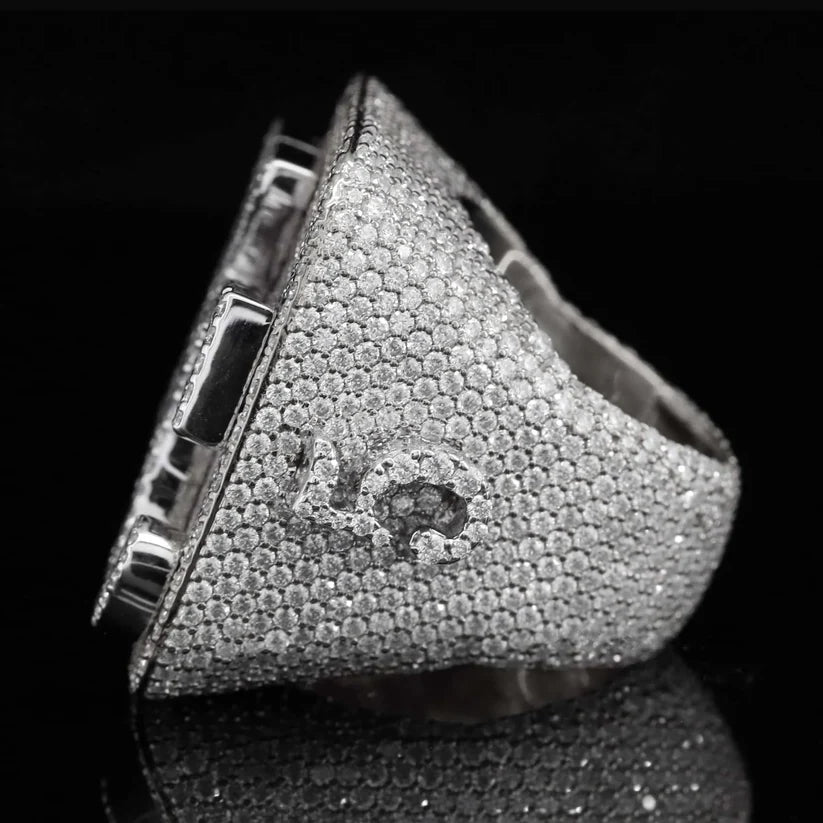 side profile of the Los Angeles Rams Super Bowl LVI championship ring encrusted with micro pave diamonds