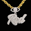 front view Custom moissanite diamond "Red" cursive script nameplate pendant with evil eye bail on gold rope chain