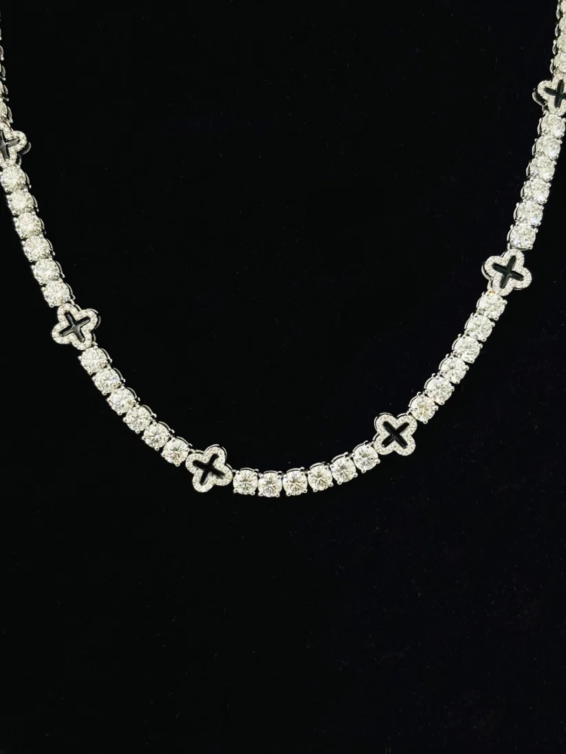 10MM Silver Round Four Leaf Clover Tennis Moissanite Chain For Men