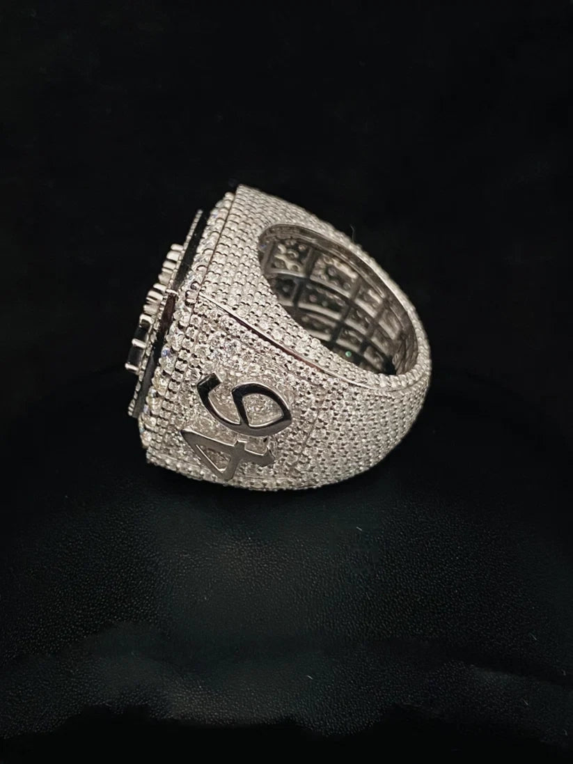Silver iced out hip hop ring with paved stones and custom number 46 side panel.