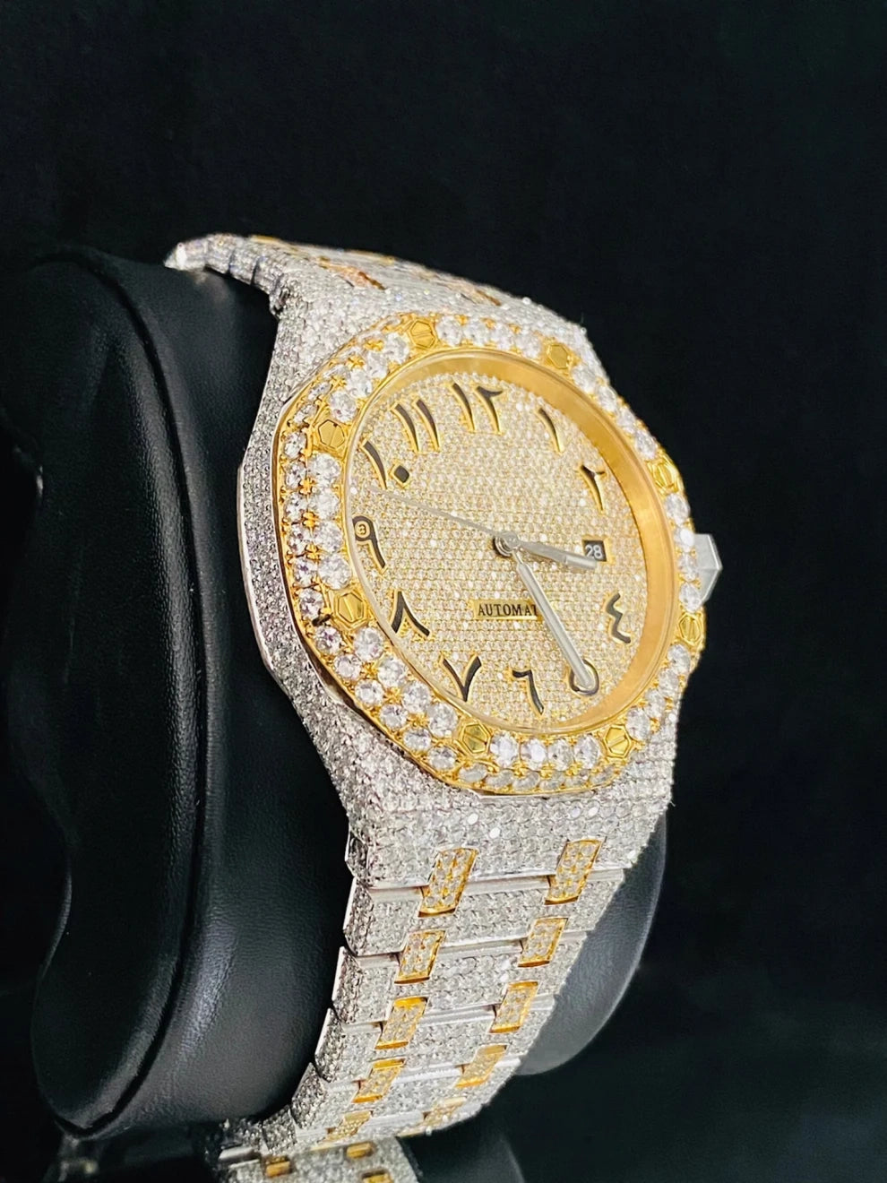 Two Tone Arabic Number Fully Studded Moissanite Watch