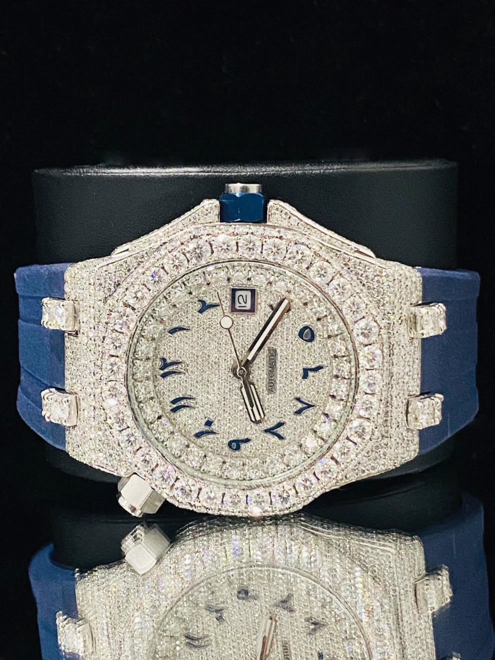 Big Bezel Moissanite Royal Blue Silicon Belt Watch