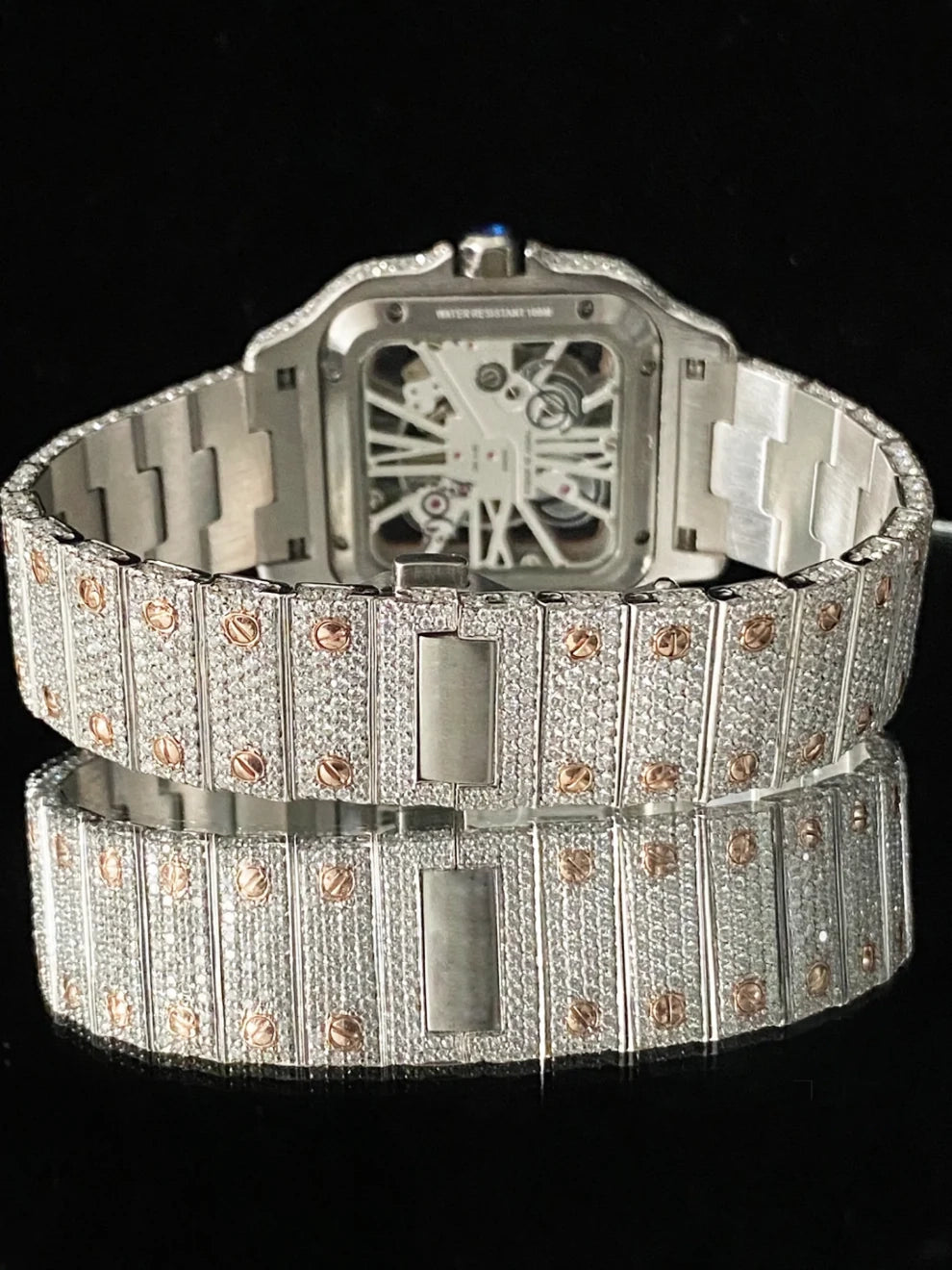Men Dual Tone Fully Ice Out Skeleton Moissanite Watch