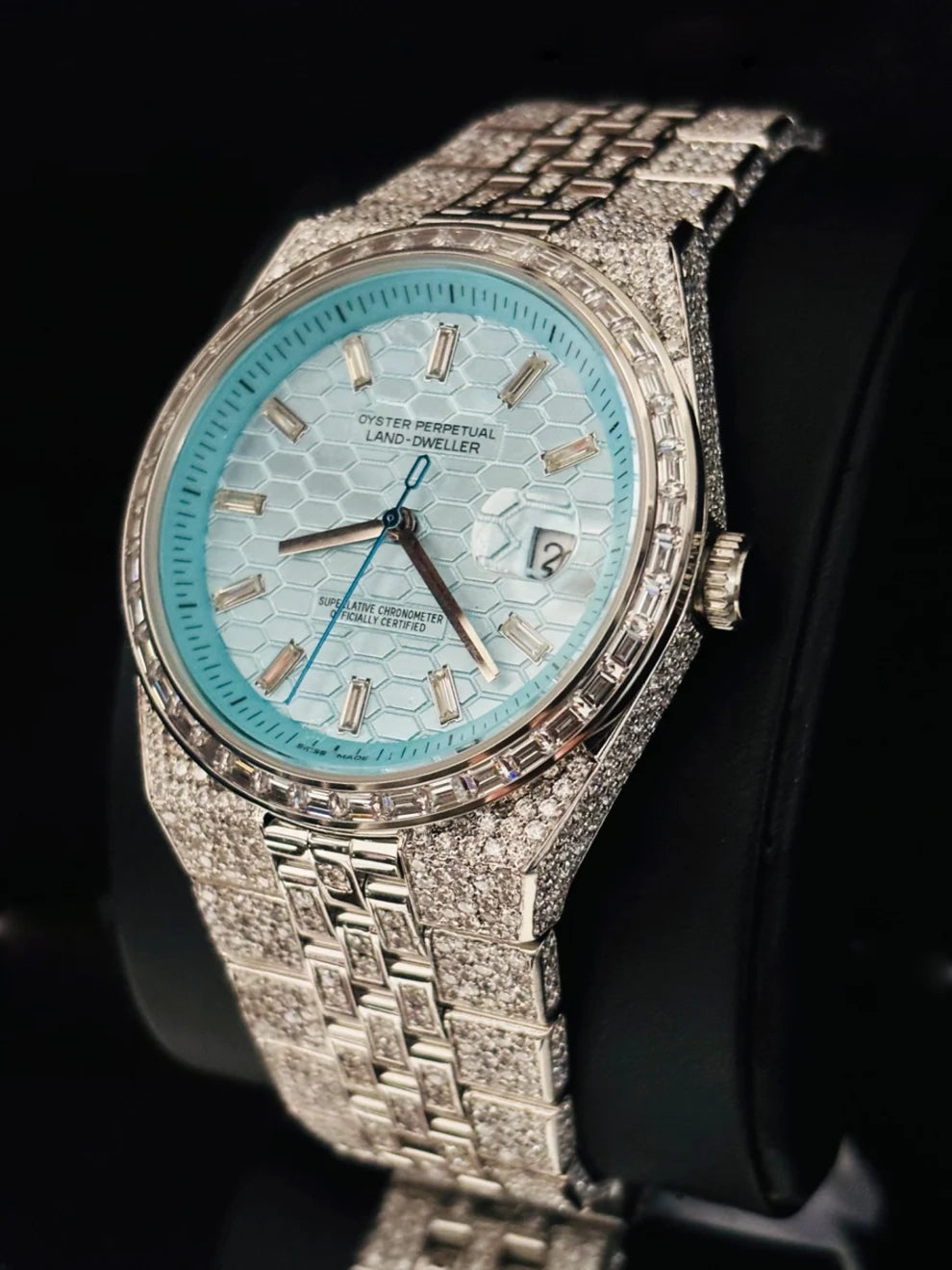 Sky Blue Dial Fully Ice Baguette Bar Moissanite Watch