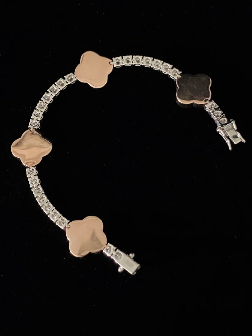 Luxury rose gold plated clover bracelet, diamond tennis chain charm bracelet, quatrefoil women's jewelry