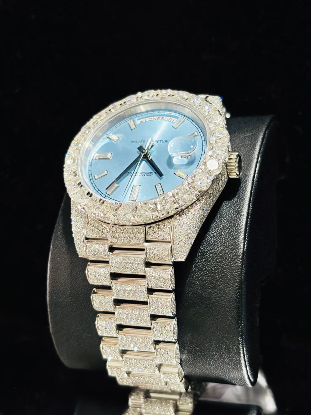 Sky Blue Dial Big Bezel Iced Out Hip Hop Moissanite Watch