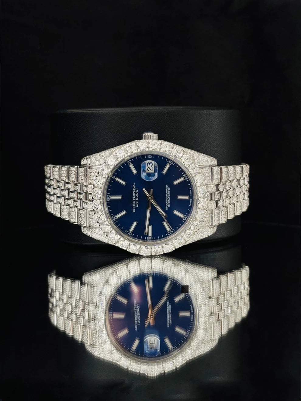 Stainless Steel Jubilee Strap Blue Dial Moissanite Watch