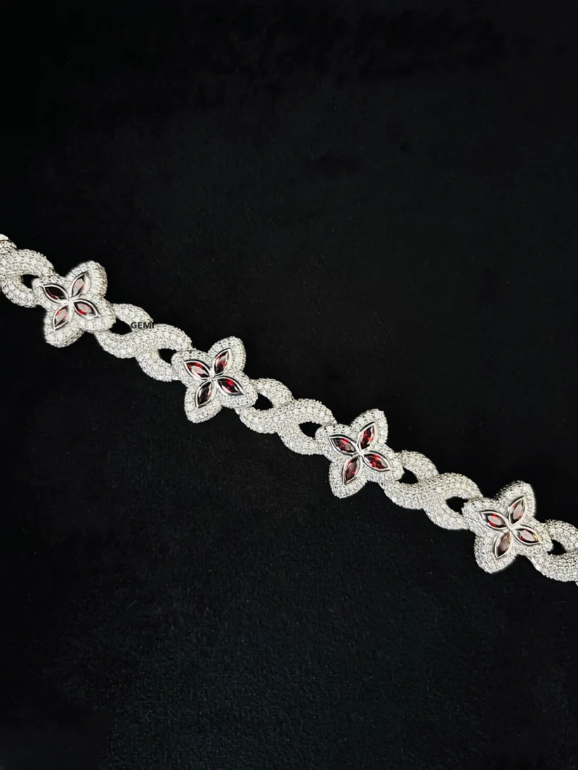 Hip hop style iced out silver flower bracelet with red ruby stones and diamond