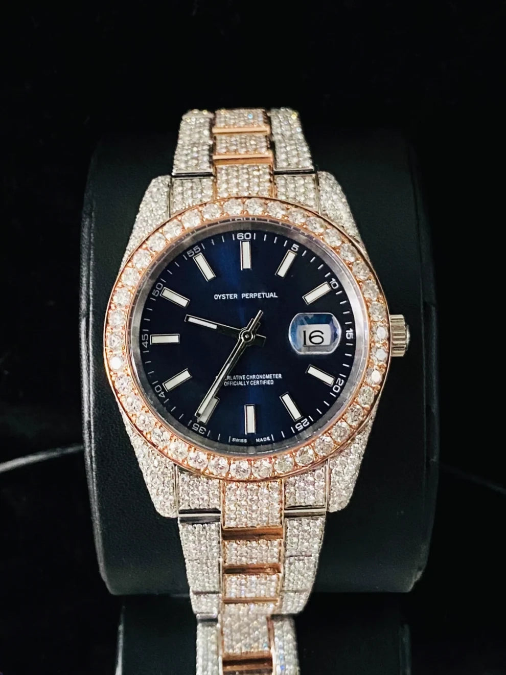 Dual Tone Big Bazel Blue Dial Rapper Moissanite Watch