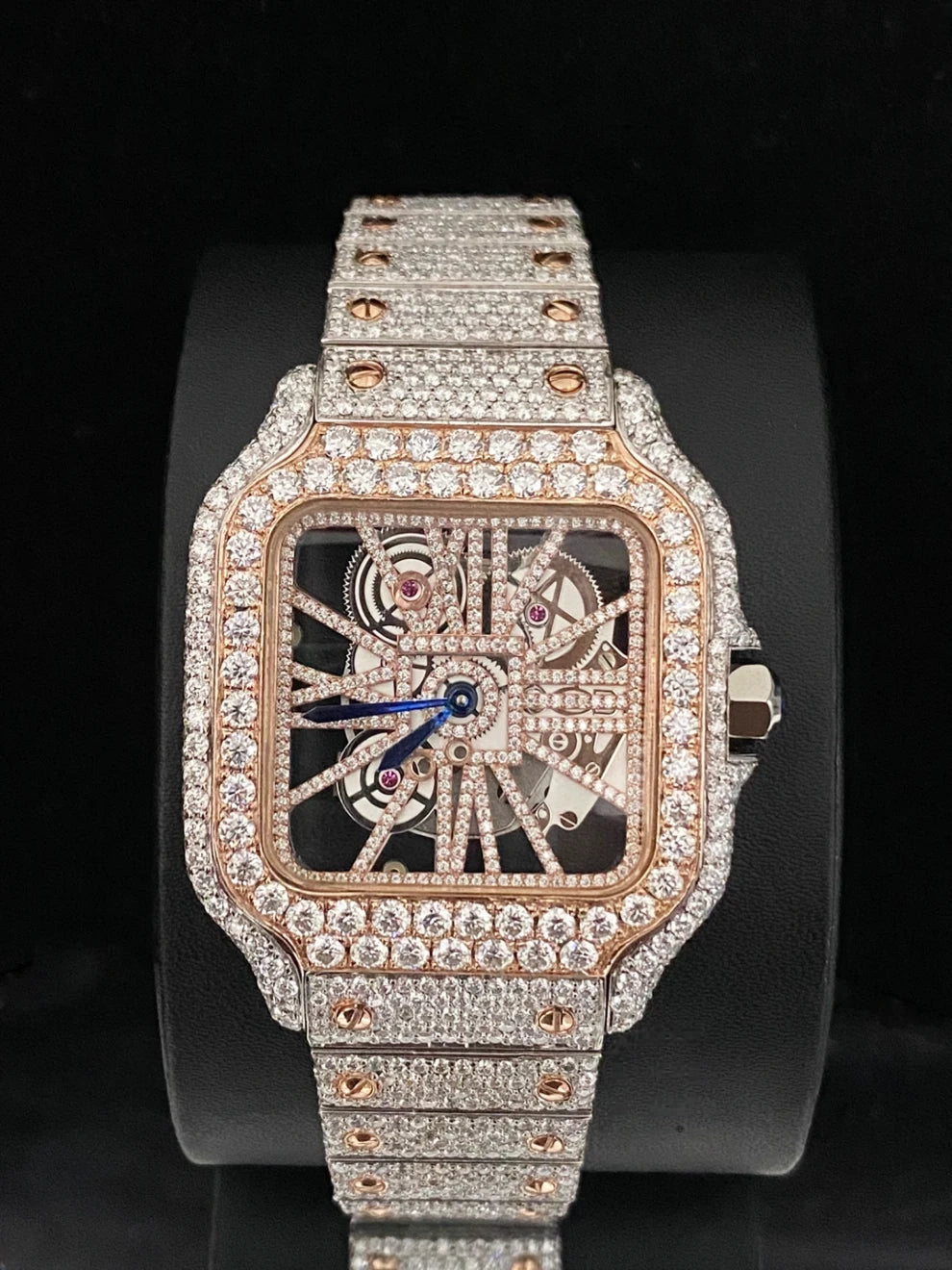Men Dual Tone Fully Ice Out Skeleton Moissanite Watch