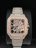 front view of the Diamond-encrusted luxury skeleton watch with rose gold bezel and iced-out band