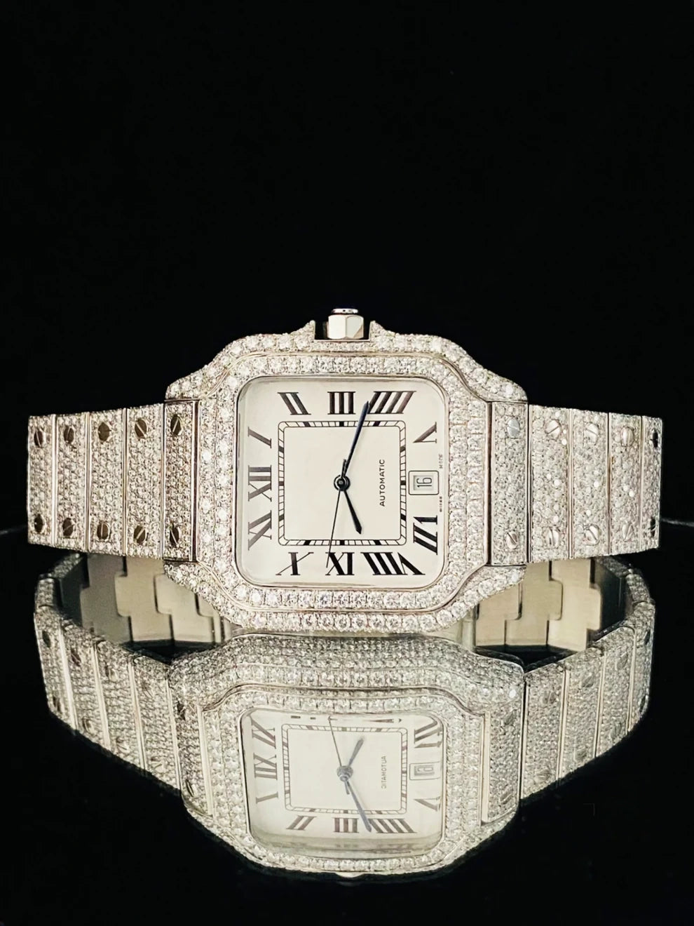 Roman Number Fully Ice Out Moissanite Watch for Men's