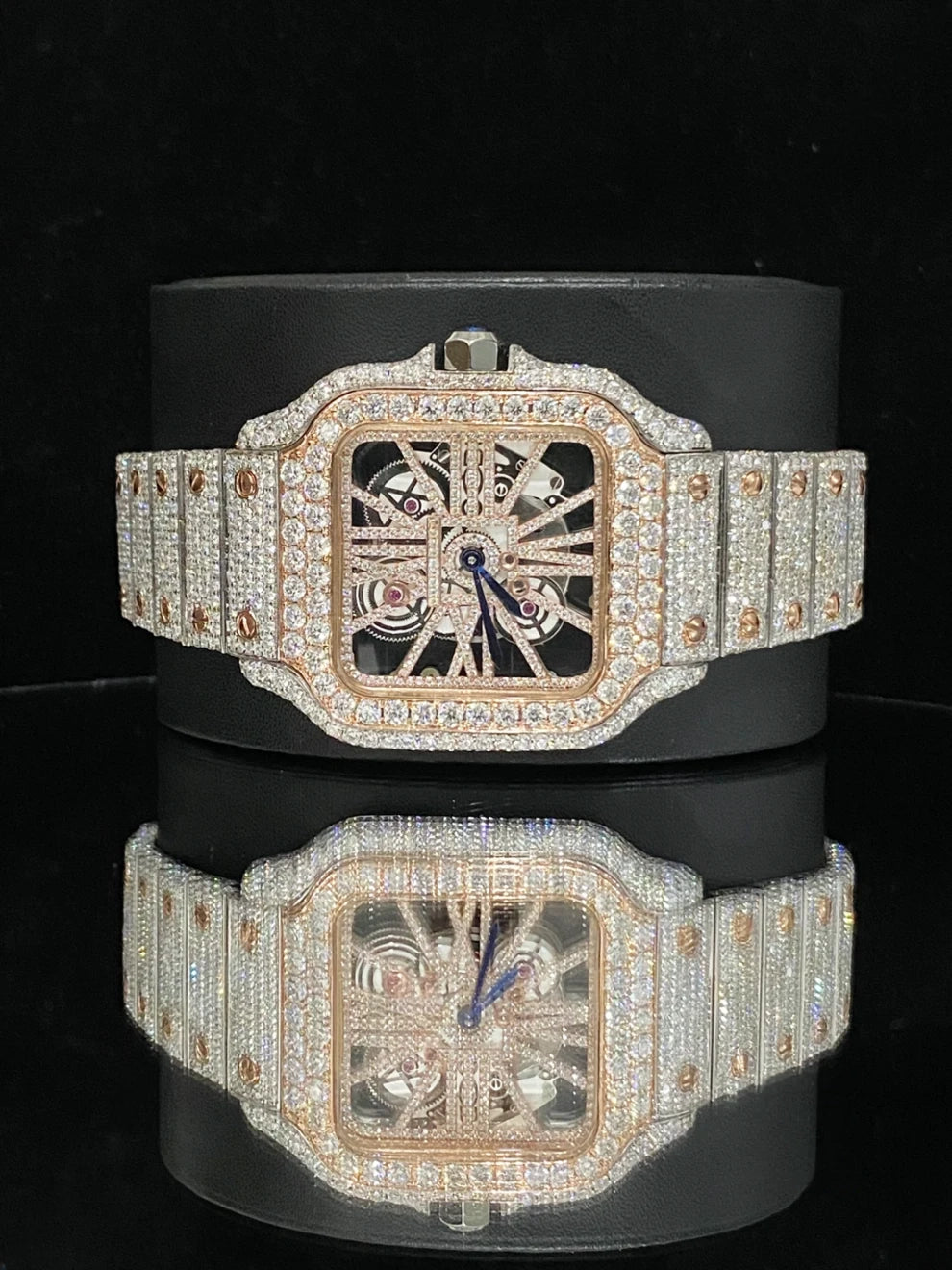 Men Dual Tone Fully Ice Out Skeleton Moissanite Watch