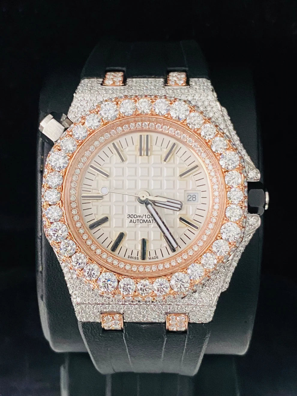 Black Silicon Strap Iced Hip Hop Moissanite Bling Watch