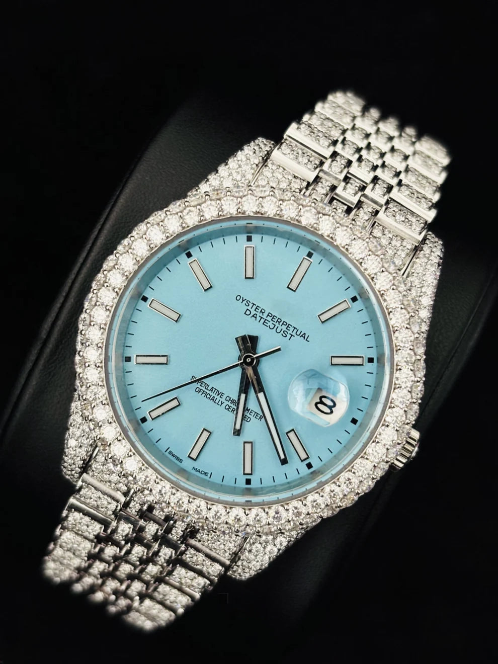 Luxury Men's Stainless Steel Sky Blue Dial Iced Out Watch