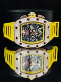 Skeleton Dial Yellow Rubber Strap Moissanite Watch For Men