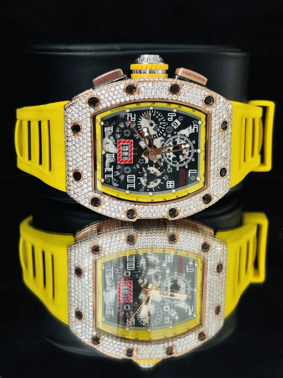 Skeleton Dial Yellow Rubber Strap Moissanite Watch For Men