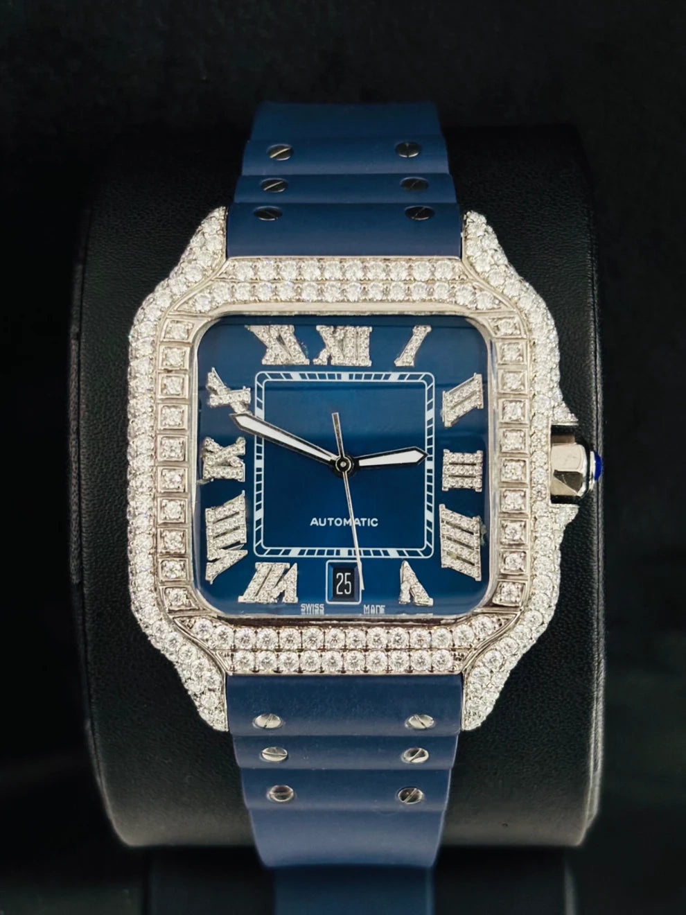 Silicone Rubber Strap and Blue Bezel Dial Moissanite Watch
