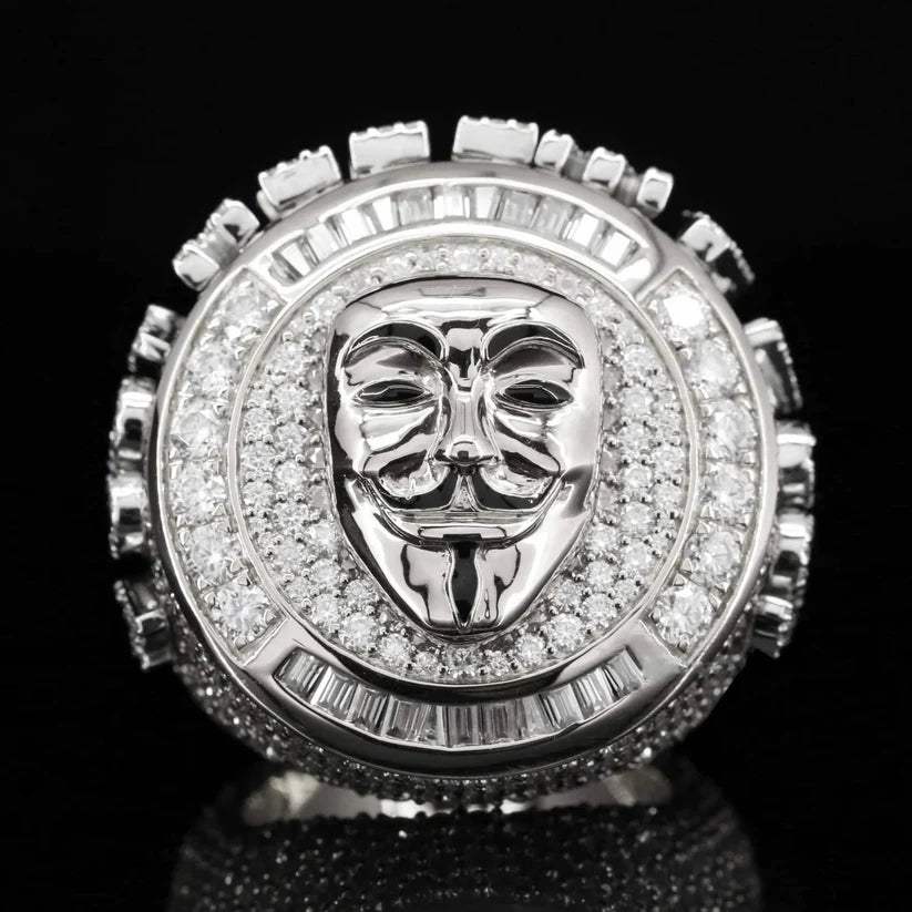 front view of the Anonymous mask ring with diamond accents