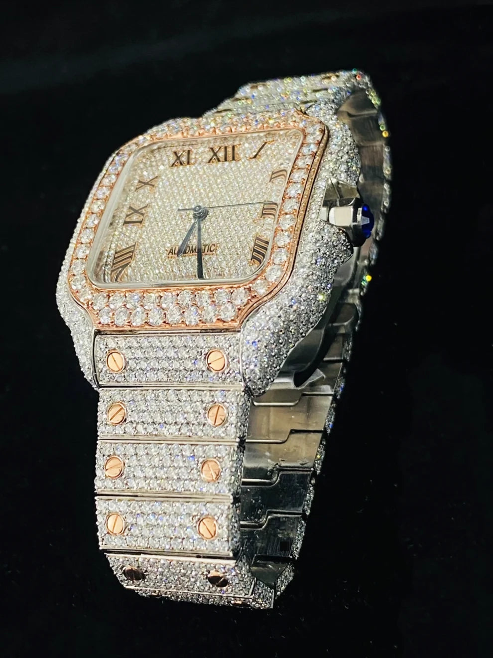 Classic Fully Iced Out Two Tone Roman Dial Moissanite Watch