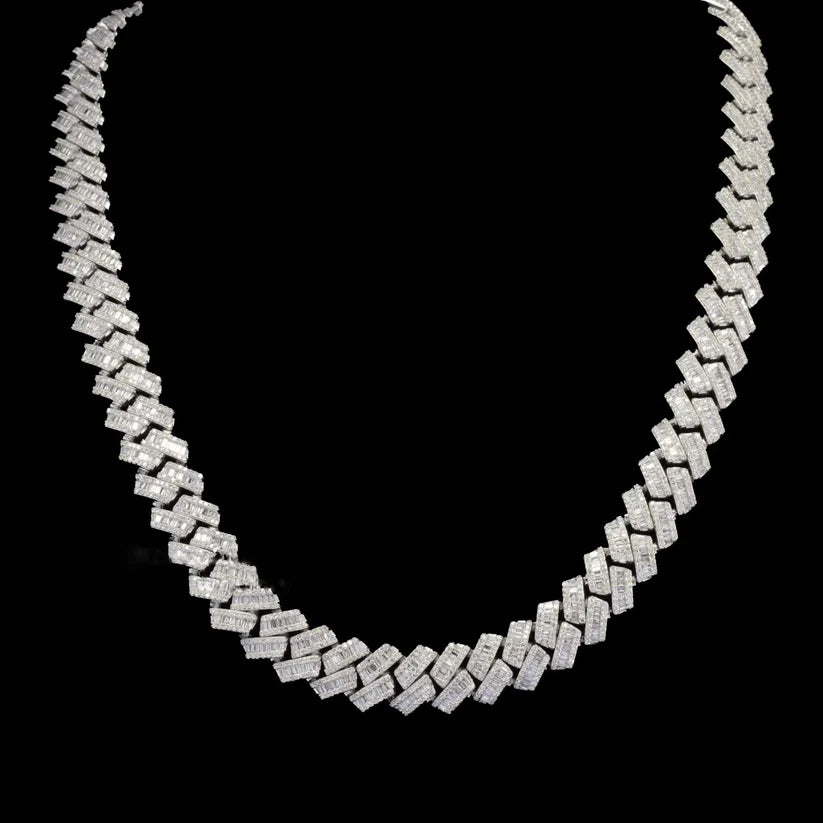 front view of the Silver prong-set diamond Cuban link chain necklace