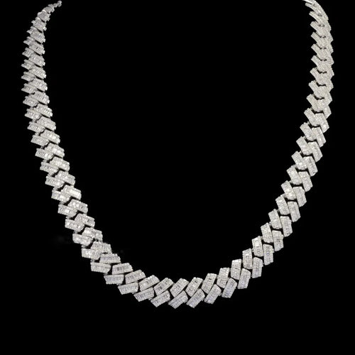front view of the Silver prong-set diamond Cuban link chain necklace