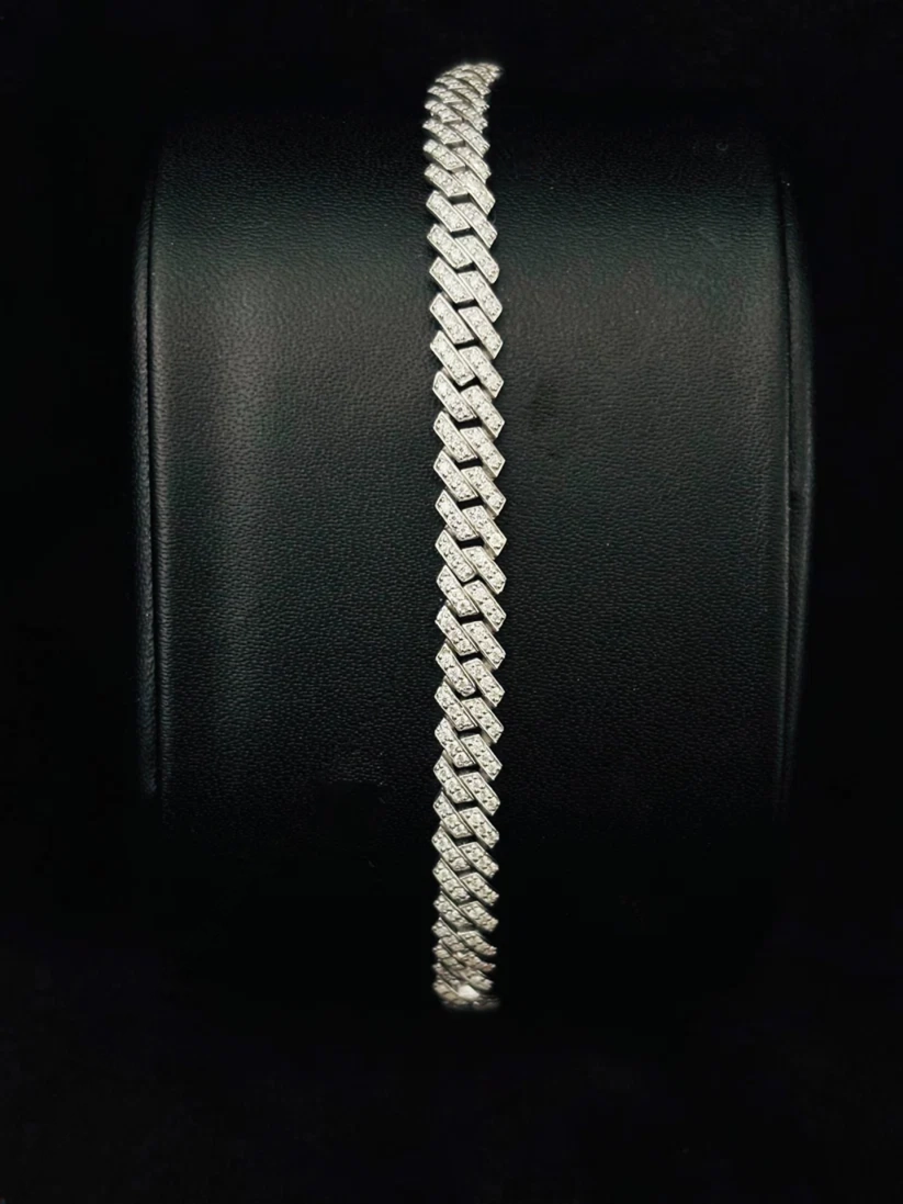 A front view Iced out diamond prong Cuban link bracelet in Silver