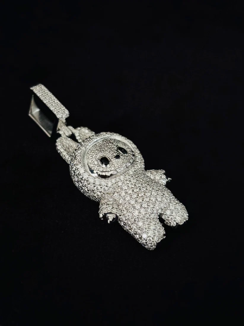Fully iced out silver Labubu character pendant necklace charm covered in micro pave moissanite diamonds.