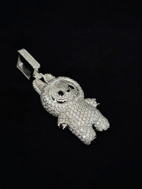 Fully iced out silver Labubu character pendant necklace charm covered in micro pave moissanite diamonds.