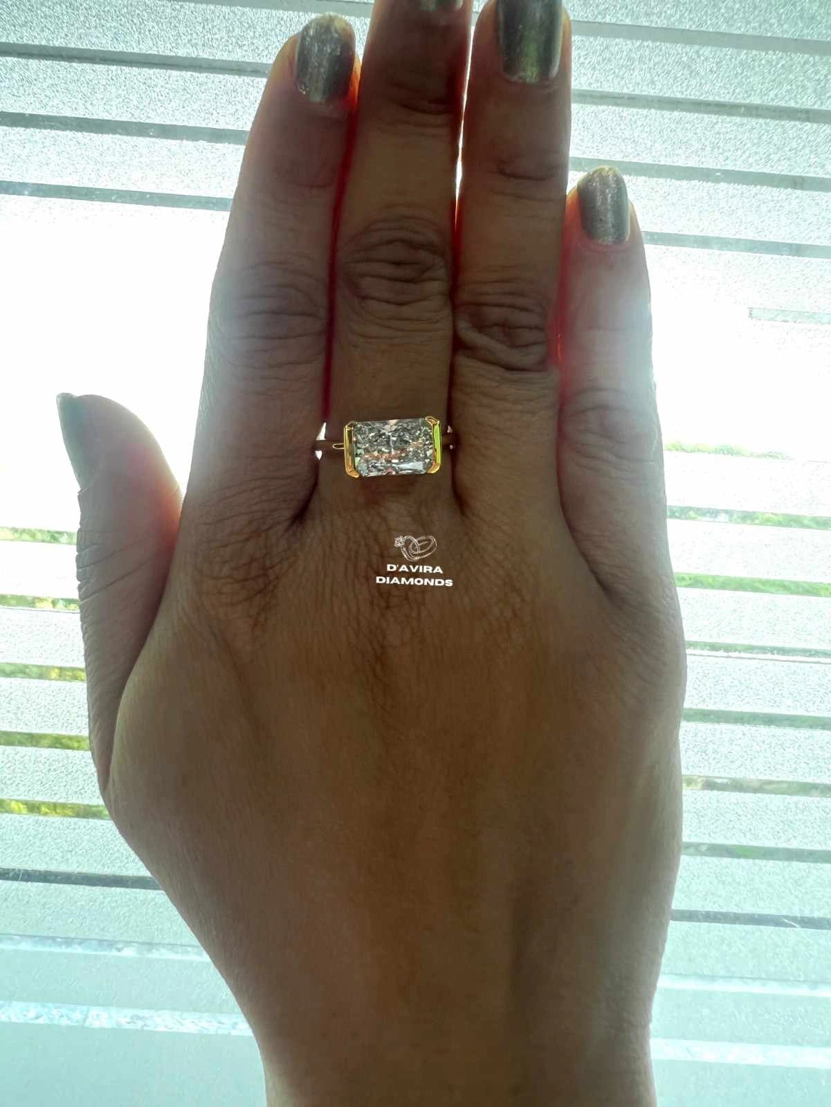 East West Radiant Cut Half Bezel Set Diamond Ring