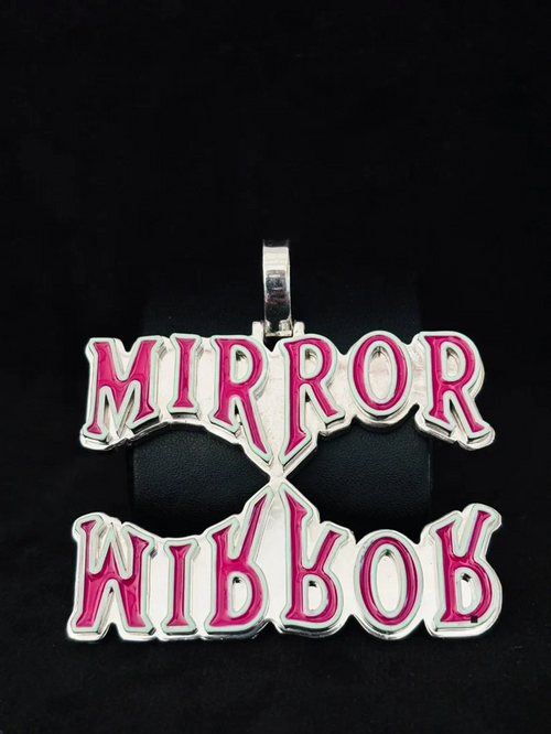 front view Sterling silver custom hip hop pendant with pink enamel "Mirror Mirror" reflective design.