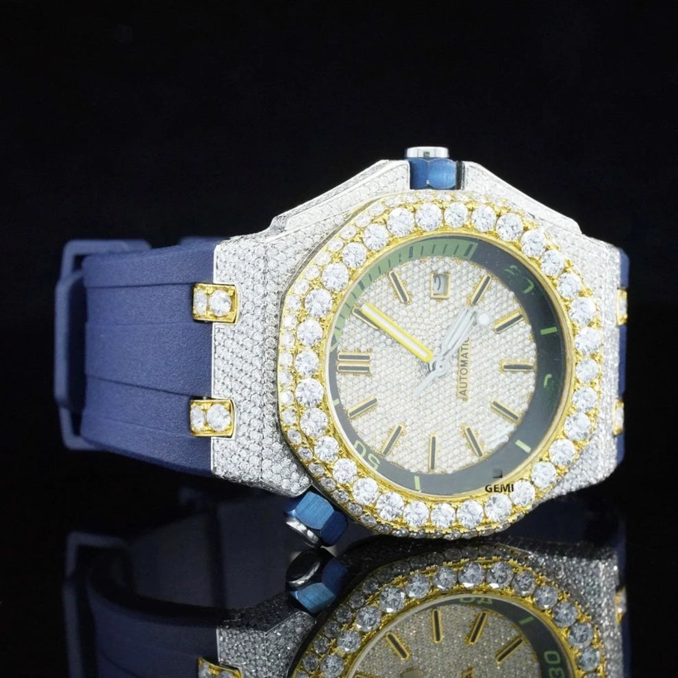 Blue Silicon Strap Automatic Moissanite Iced Bling Diamond Watch