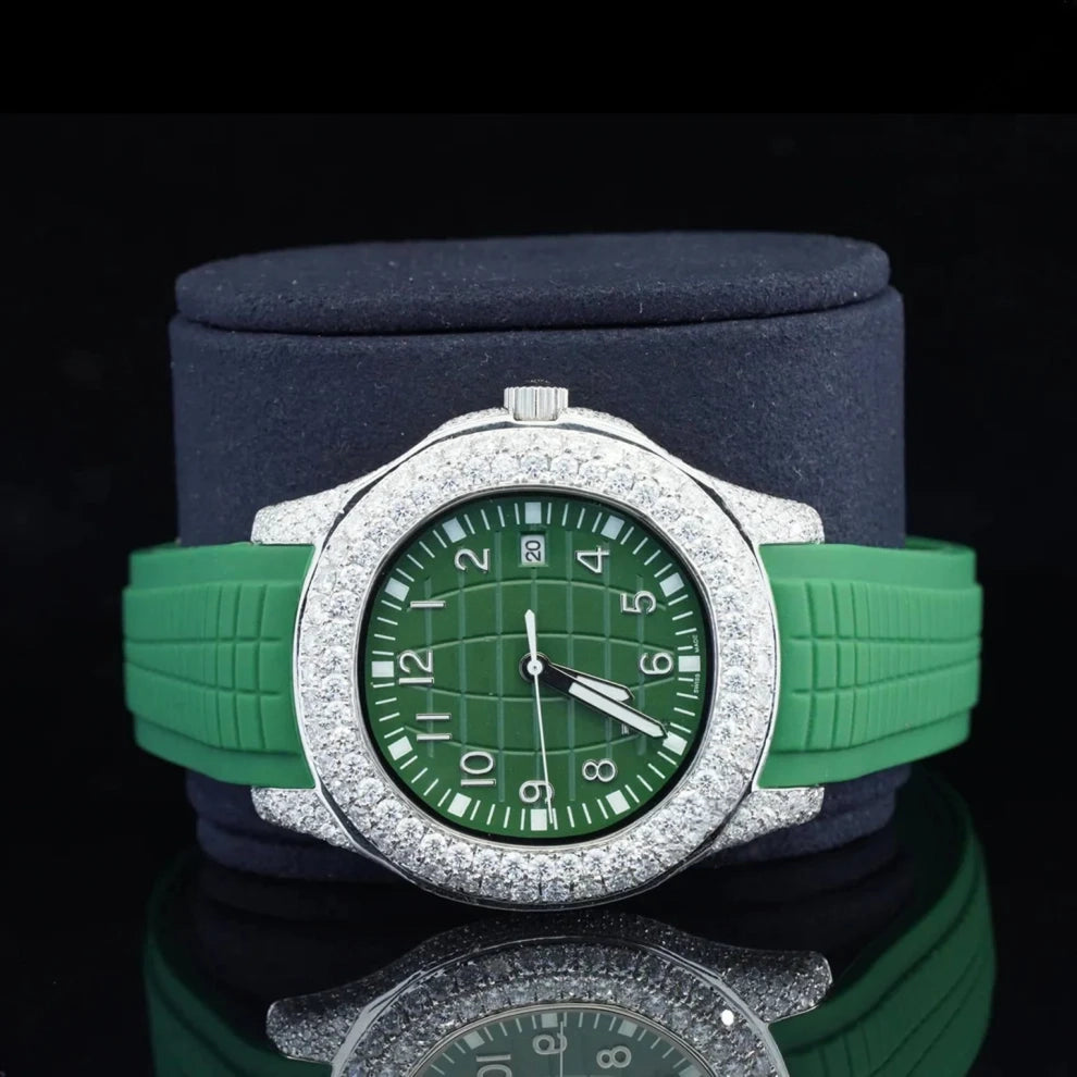 Green Silicon Belt Digit Dial Automatic Moissanite Wrist Watch