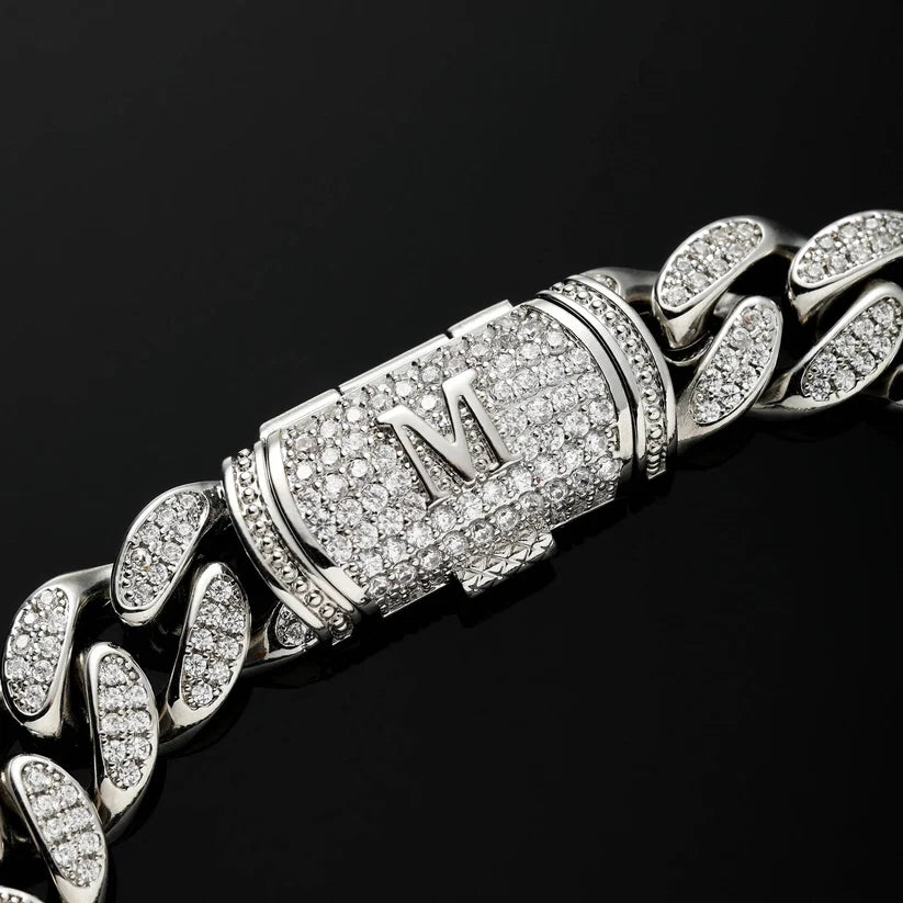 Iced-out Cuban link chain bracelet with diamond pave initial M clasp