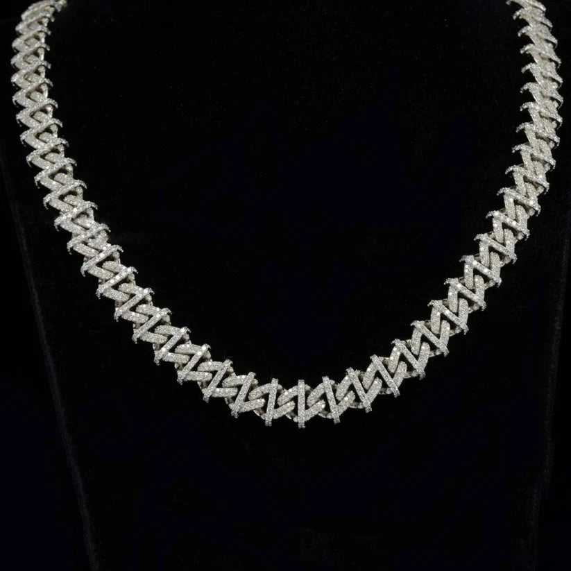 Silver spiked Cuban link chain necklace encrusted with diamonds
