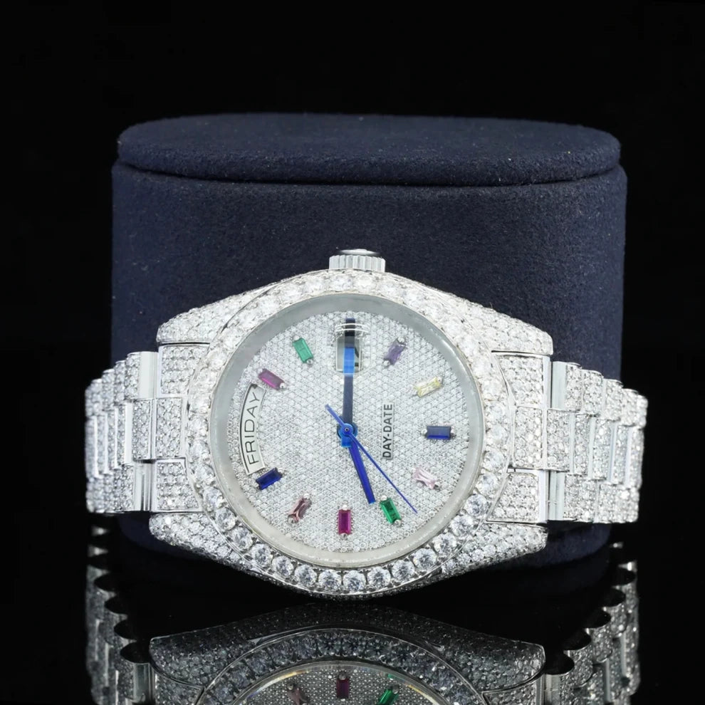 Stainless Steel Fully Iced Out Colorful Bar Diamond Baguette Watch