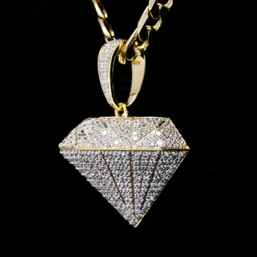 Gold diamond shaped hip hop pendant with iced out pave crystals