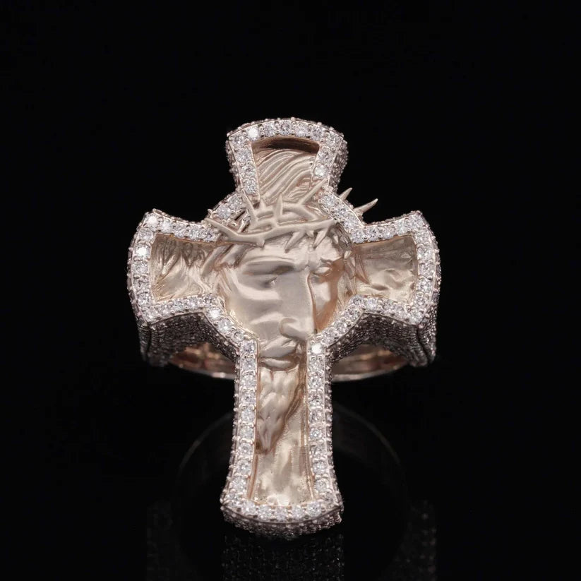 Diamond silver cross ring with carved Jesus face