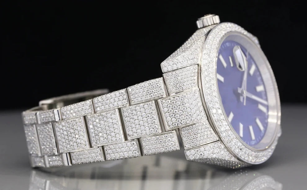 Men's Blue Dial Moissanite Diamond Fully Iced Out Watch For Men