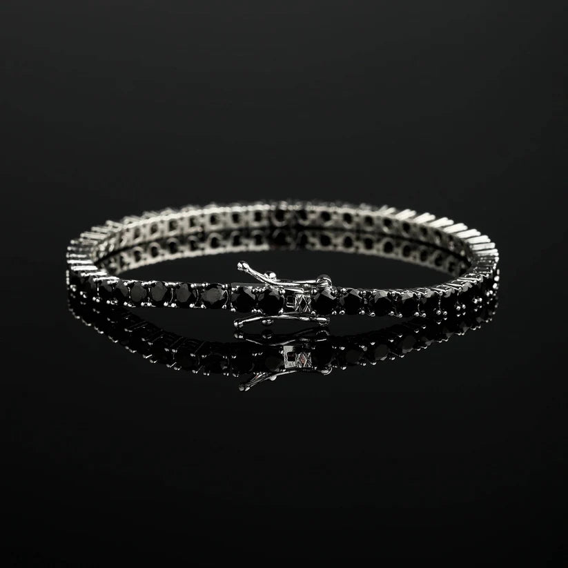 Black Moissanite tennis bracelet with silver prong setting and double-latch clasp