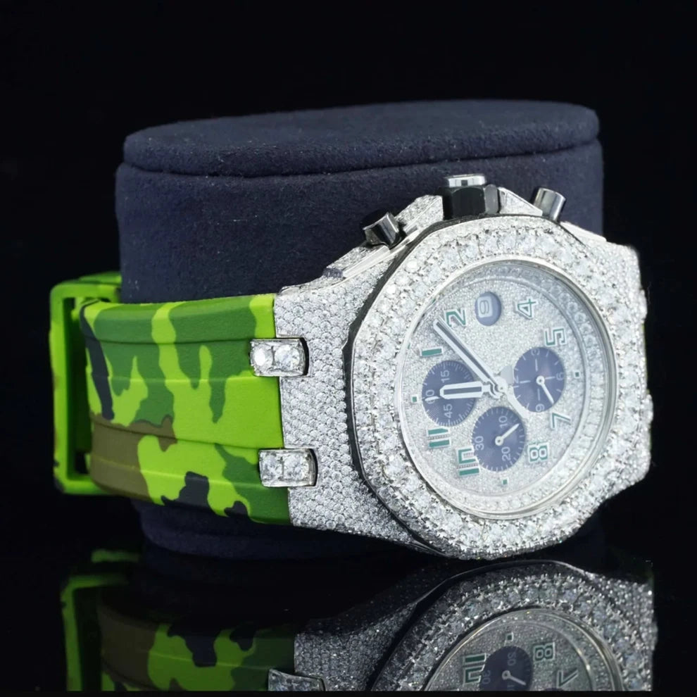 Parrot Green Silicone Army Belt Hip Hop Bling Iced Out Watch