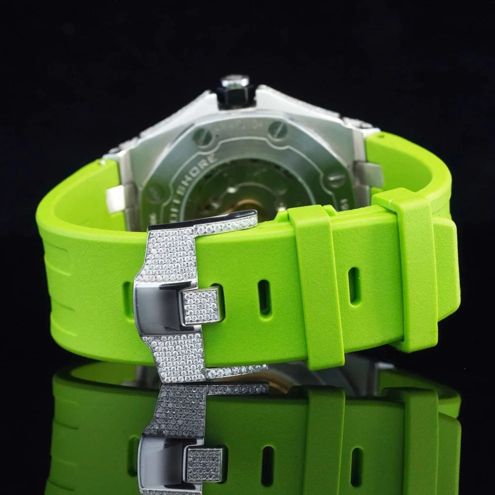 Parrot Green Silicon Straps Moissanite Bust Down Diamond Watch