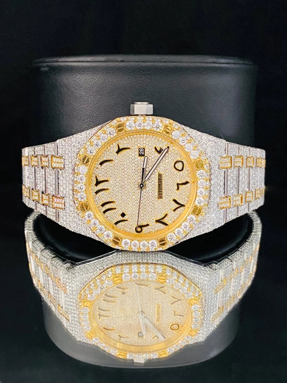 Two Tone Arabic Number Fully Studded Moissanite Watch