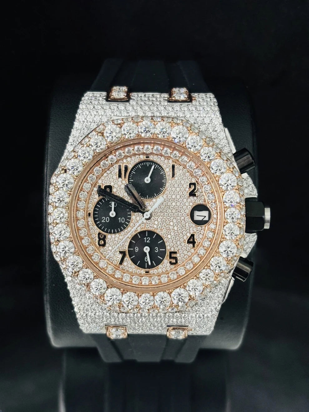 Stainless Steel Rose Gold Plated Moissanite Watch for Men