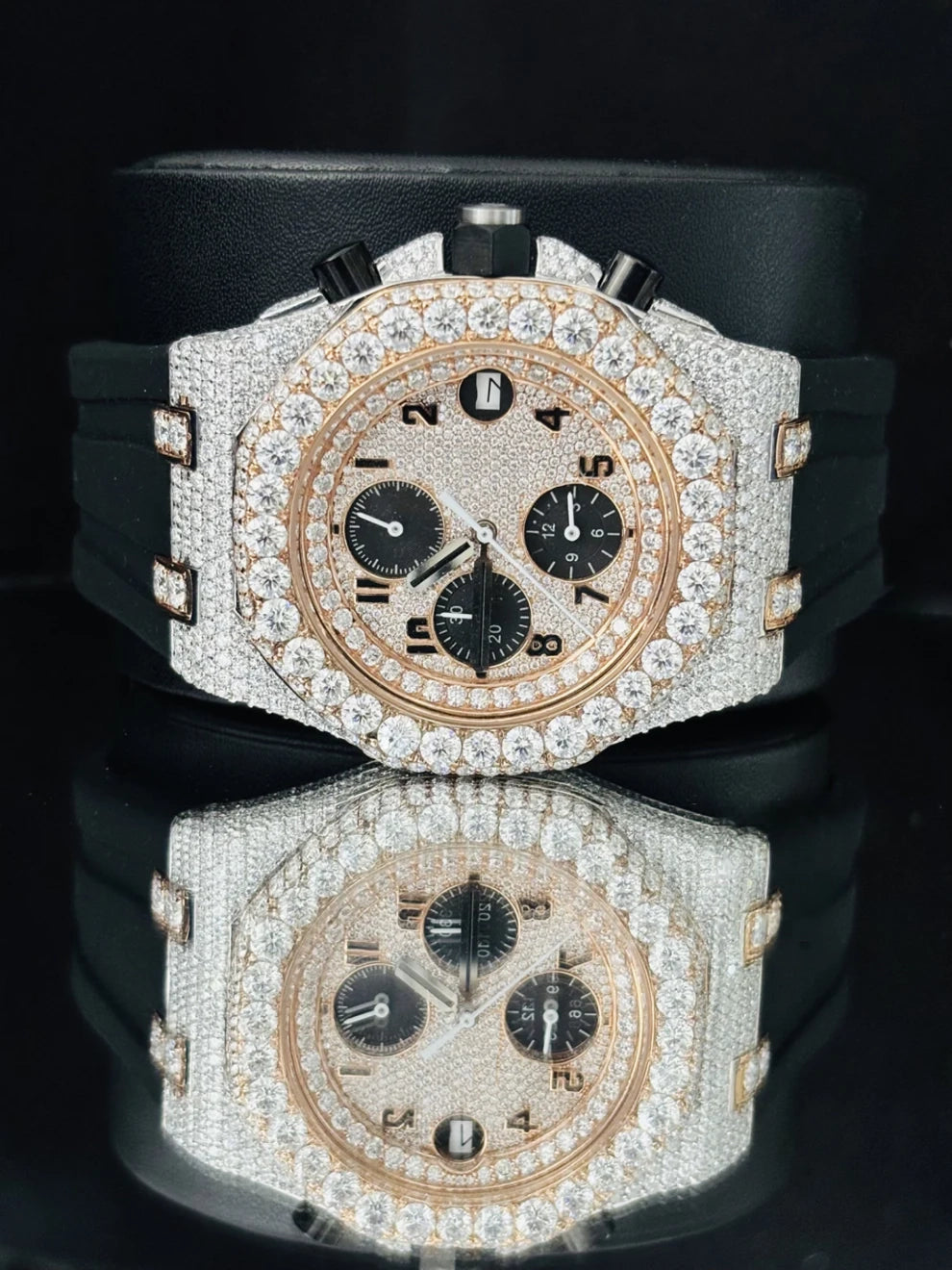 Stainless Steel Rose Gold Plated Moissanite Watch for Men