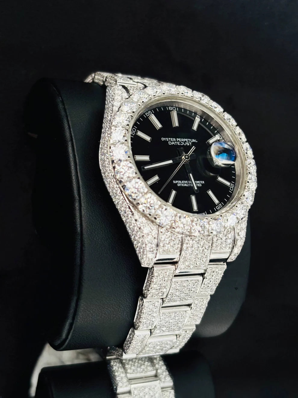 41MM Big Bezel White Bar Black Dial Moissanite Watch