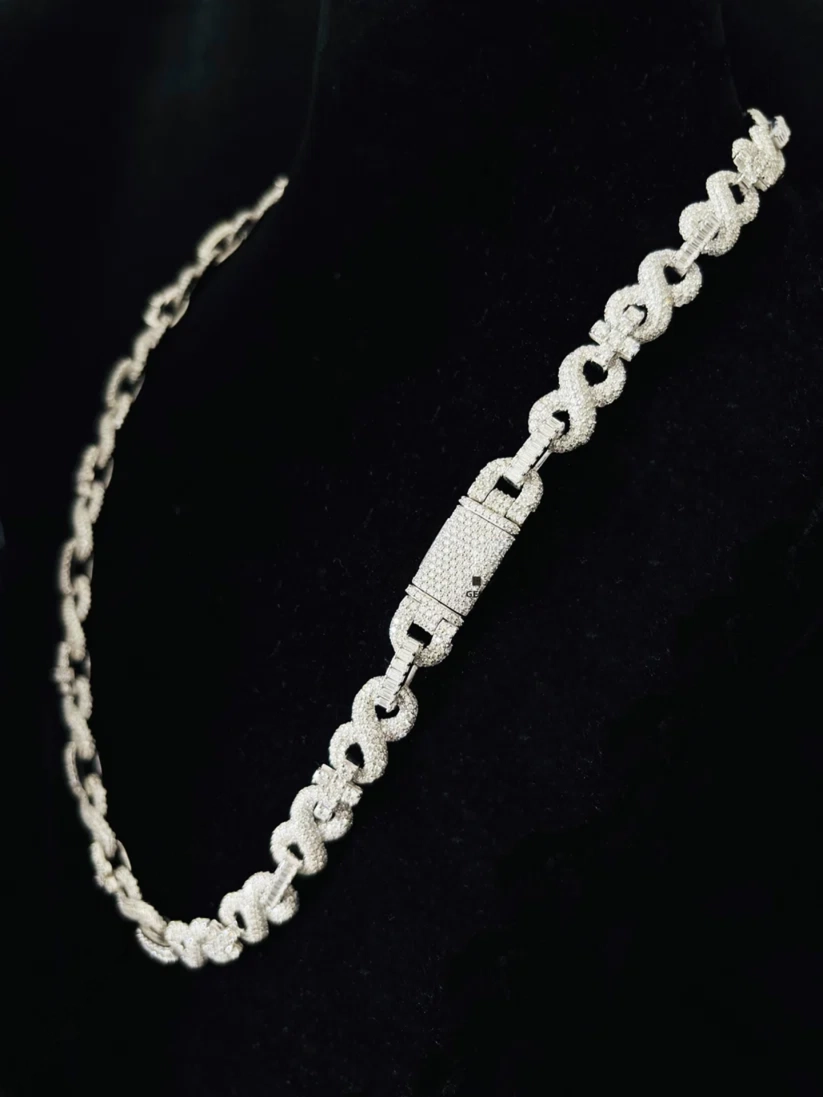 Iced out infinity link chain necklace in 925 sterling silver with Moissanite diamonds