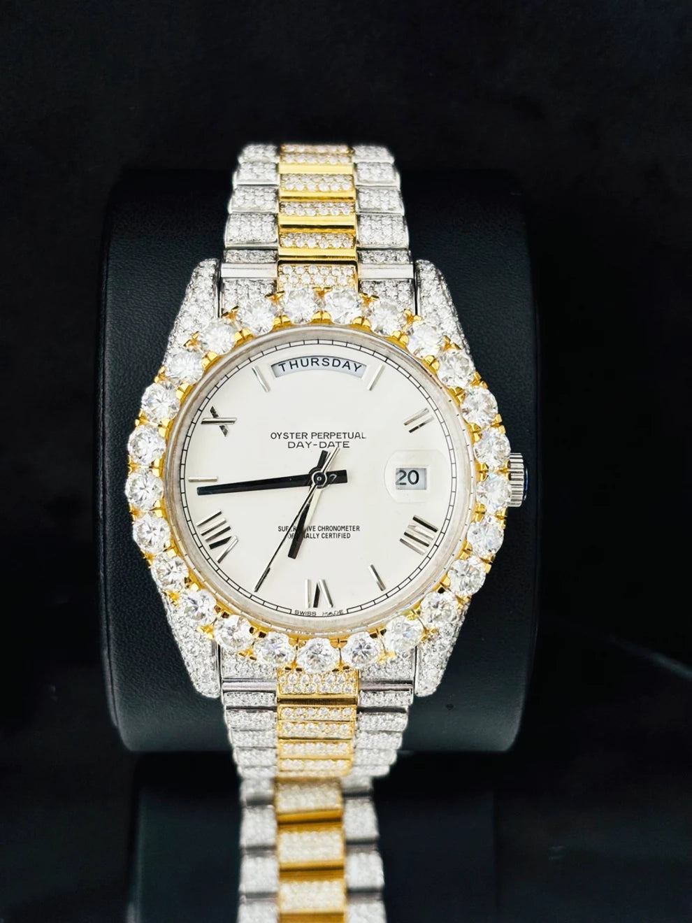 Dual Tone White Dial Roman Number Moissanite Watch