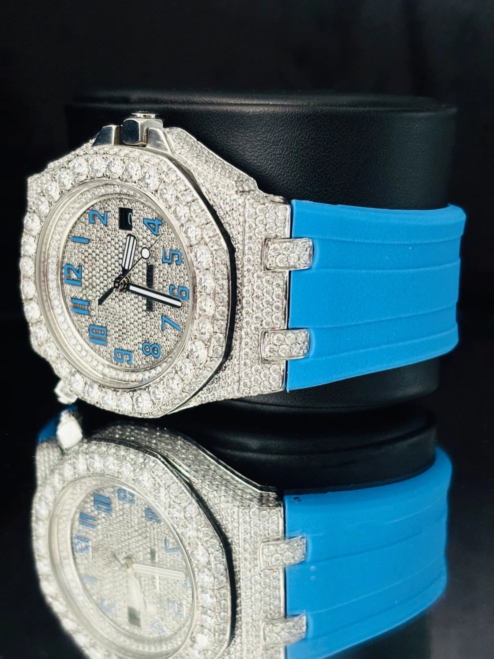 Sky Blue Silicon Straps Moissanite Bust Down Diamond Watch