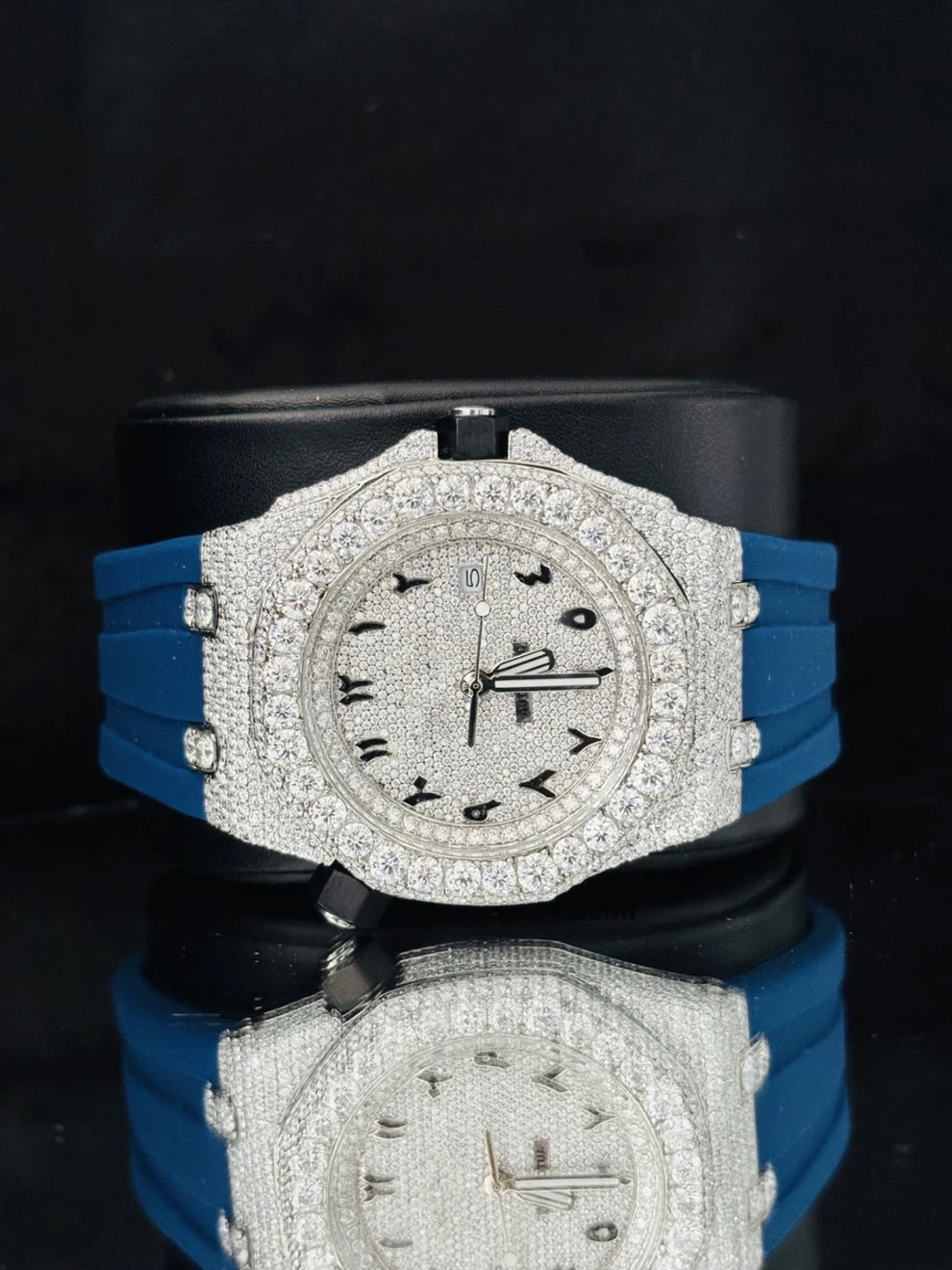 Arabic Number Big Bezel Blue Silicon Strap Moissanite Watch